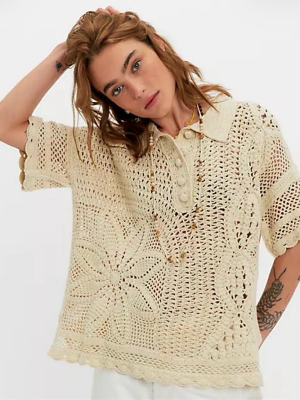 Free People Cream Crochet Polo Knit Top